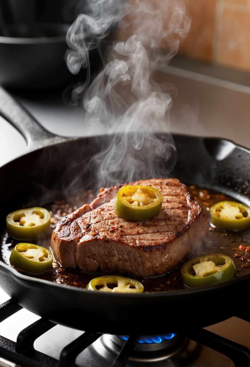 A sizzling London broil steak with jalapeños cooking on a cast iron skillet. The steam rises as the meat sears and the spicy aroma fills the kitchen