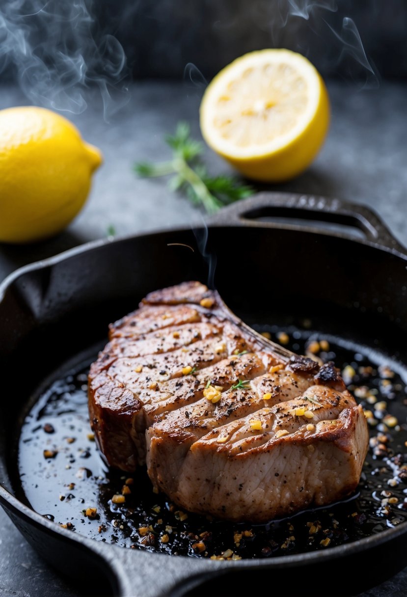 A sizzling London broil steak cooks in a cast iron skillet with lemon pepper seasoning