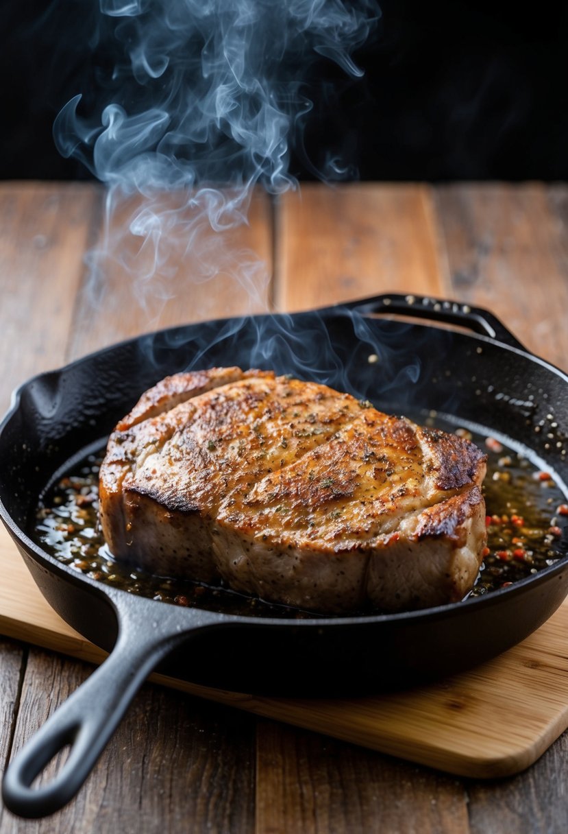 A sizzling London broil sears in a smoking hot cast iron skillet, seasoned with paprika, creating a mouthwatering aroma