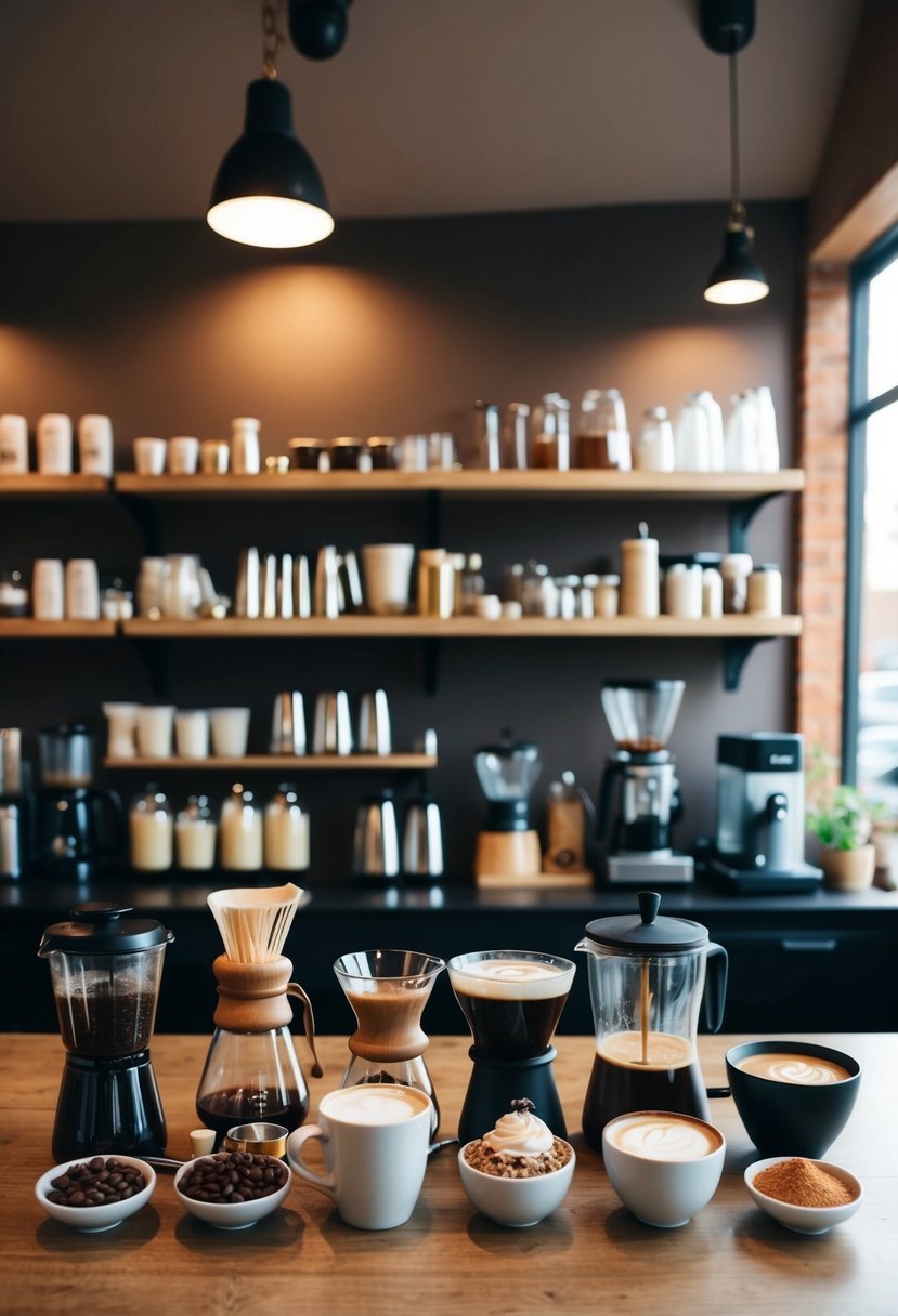 A cozy coffee shop with various ingredients and equipment laid out for making different coffee drink recipes