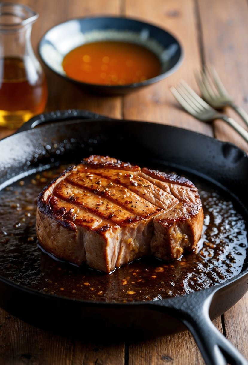 A sizzling London broil steak searing in a cast iron skillet, glazed with honey soy sauce