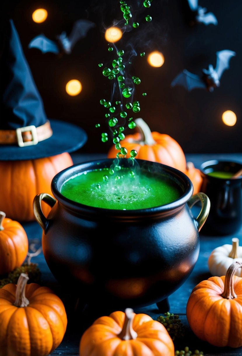 A cauldron bubbling with a green potion, surrounded by bats, pumpkins, and a witch's hat