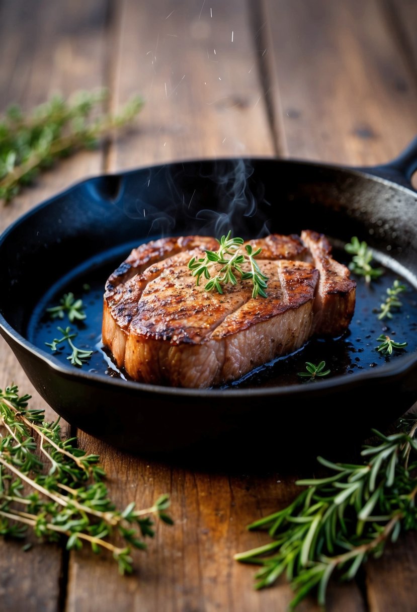 A sizzling London broil steak searing in a hot cast iron skillet, surrounded by sprigs of fresh thyme and rosemary