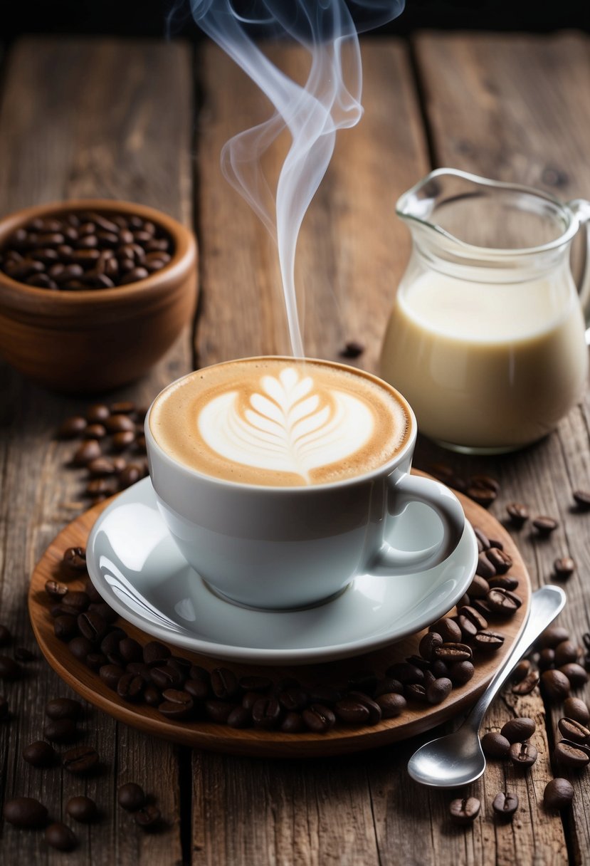 A steaming cup of vanilla latte sits on a rustic wooden table, surrounded by coffee beans and a frothy milk pitcher