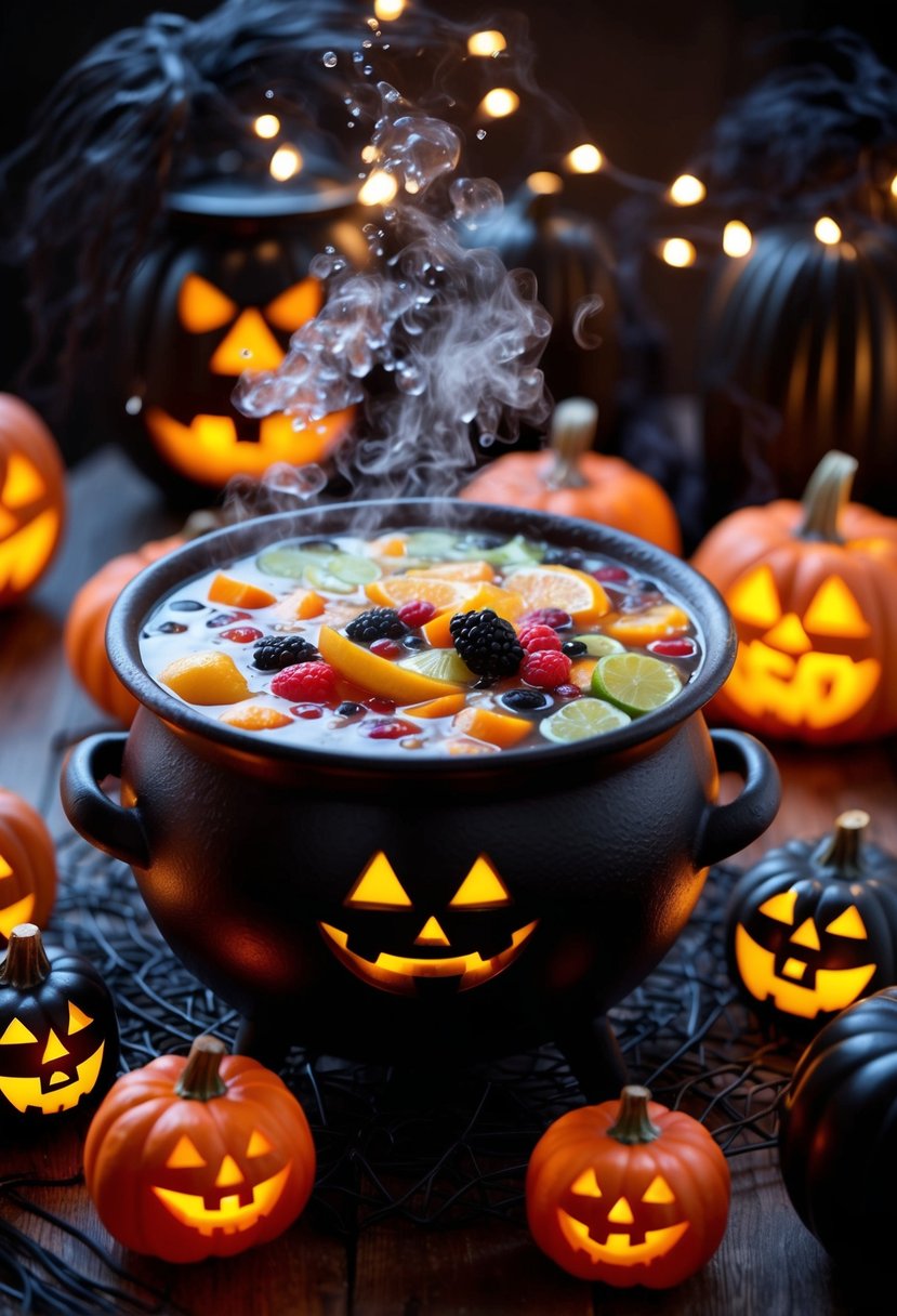 A bubbling cauldron filled with colorful punch ingredients, surrounded by eerie decorations and glowing jack-o-lanterns