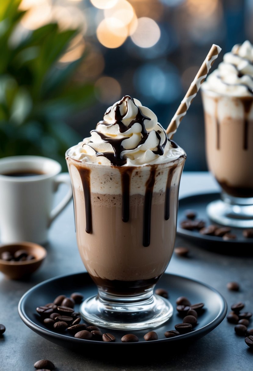 A glass filled with mocha frappuccino, topped with whipped cream and drizzled with chocolate syrup, surrounded by coffee beans and a decorative straw