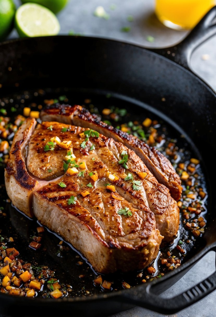 A sizzling London broil steak searing in a cast iron skillet with chili lime seasoning