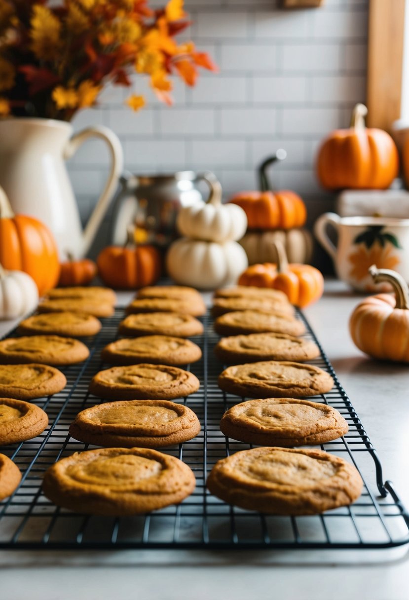 A cozy kitchen counter with a batch of freshly baked pumpkin spice cookies cooling on a wire rack, surrounded by autumn-themed decorations