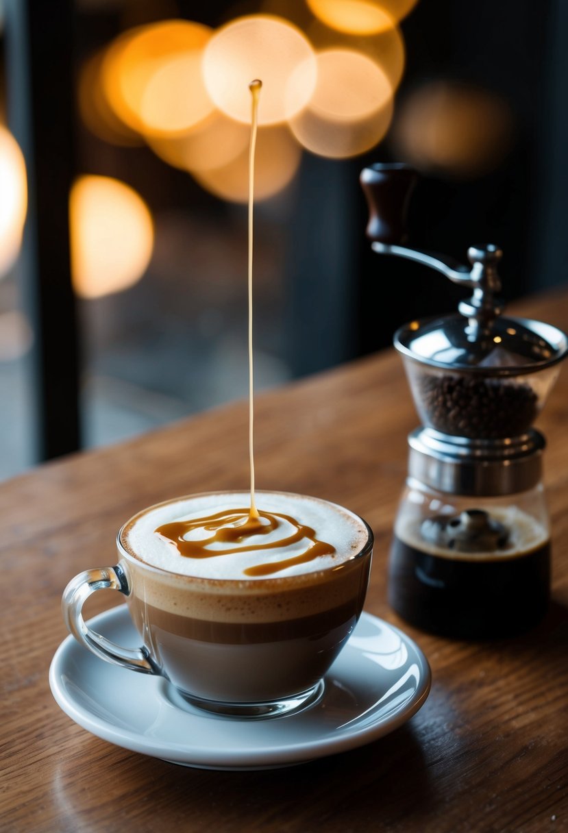 A cappuccino topped with caramel drizzle sits on a wooden table next to a frothy milk pitcher and a coffee bean grinder