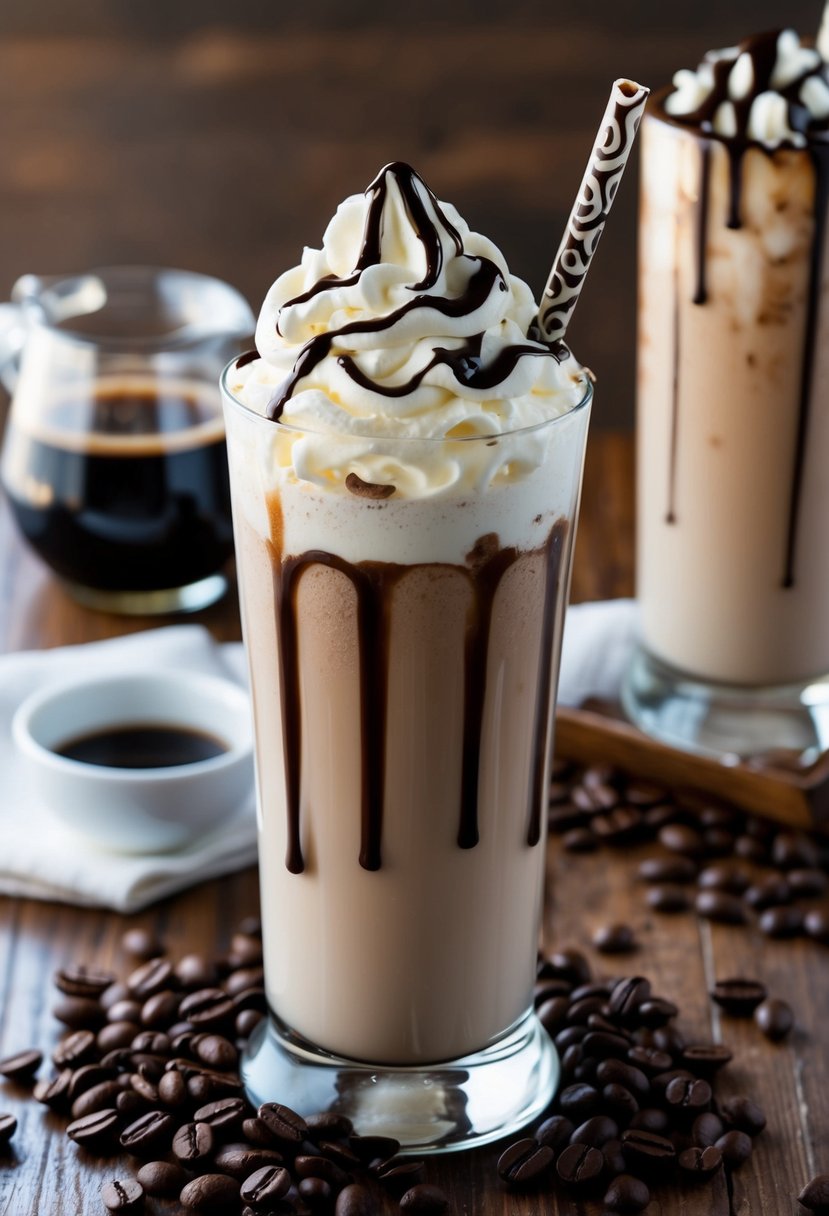 A tall glass filled with iced white chocolate mocha, topped with whipped cream and drizzled with chocolate syrup, surrounded by coffee beans and a decorative straw