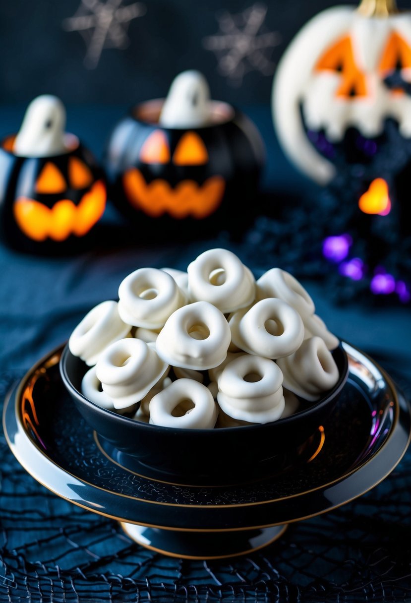 A bowl of ghostly white chocolate-covered pretzels arranged on a dark, spooky-themed serving platter, with Halloween decorations in the background