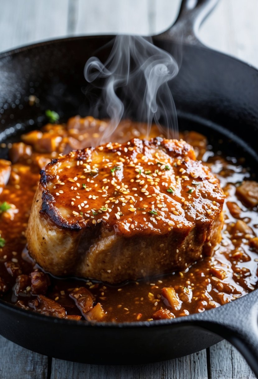 A sizzling London broil sizzling in a cast iron skillet, marinated in rich teriyaki sauce, with steam rising from the meat