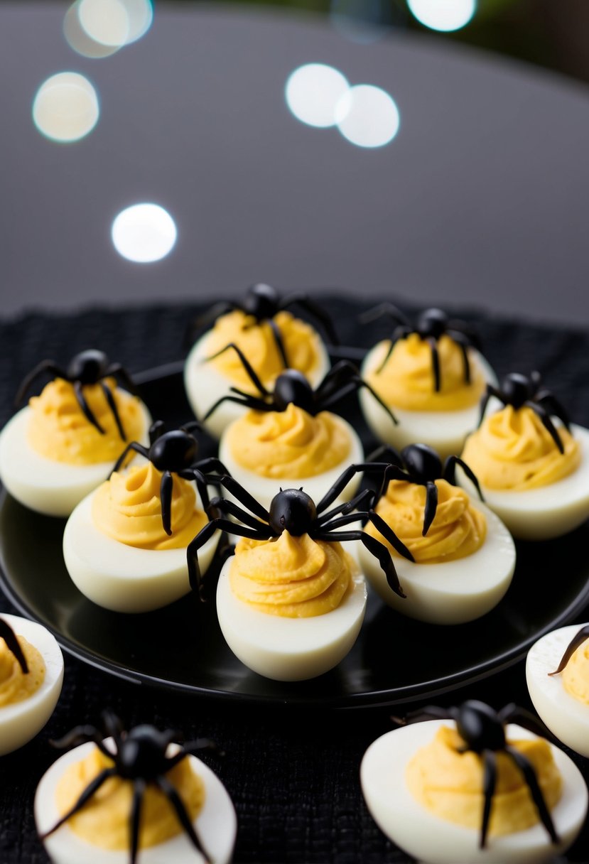 A platter of deviled eggs topped with olive spiders on a black tablecloth