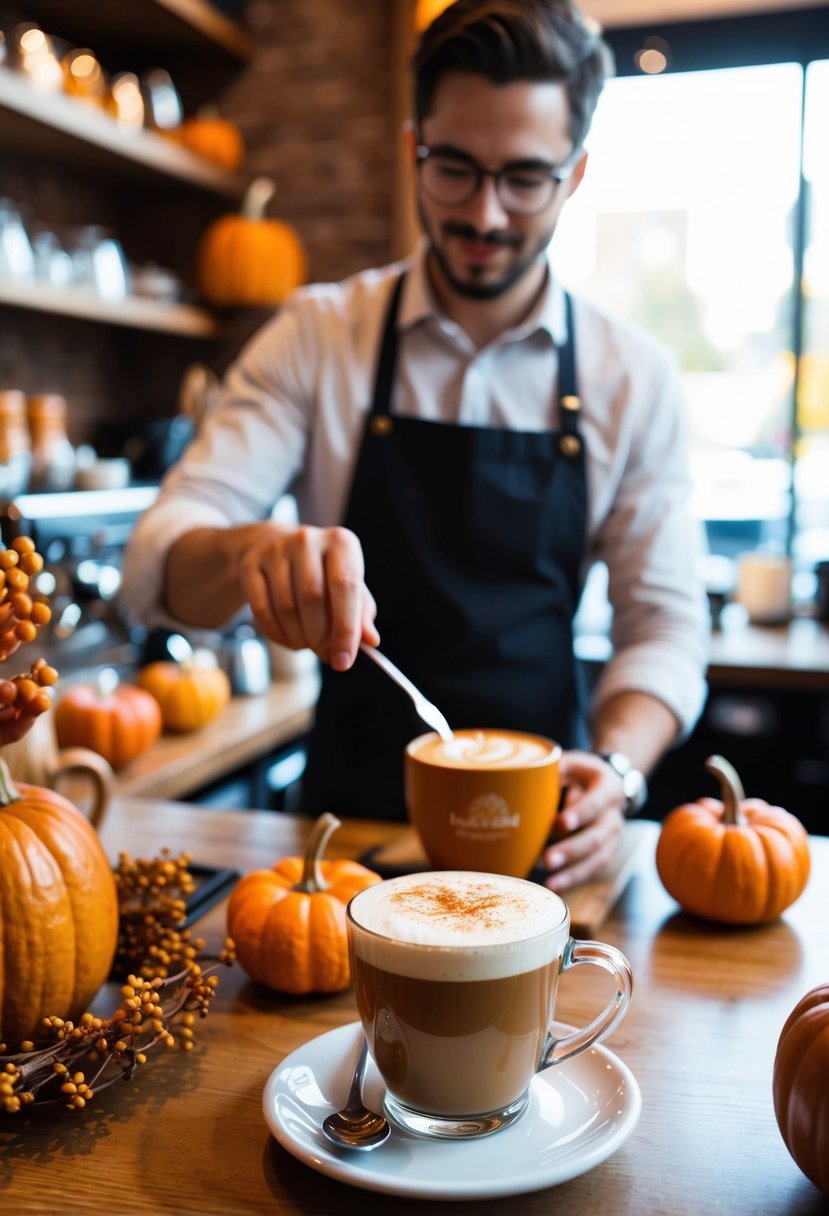 A cozy coffee shop with a warm, inviting atmosphere. A barista carefully crafts a Pumpkin Spice Latte, surrounded by autumn decor and the aroma of spices