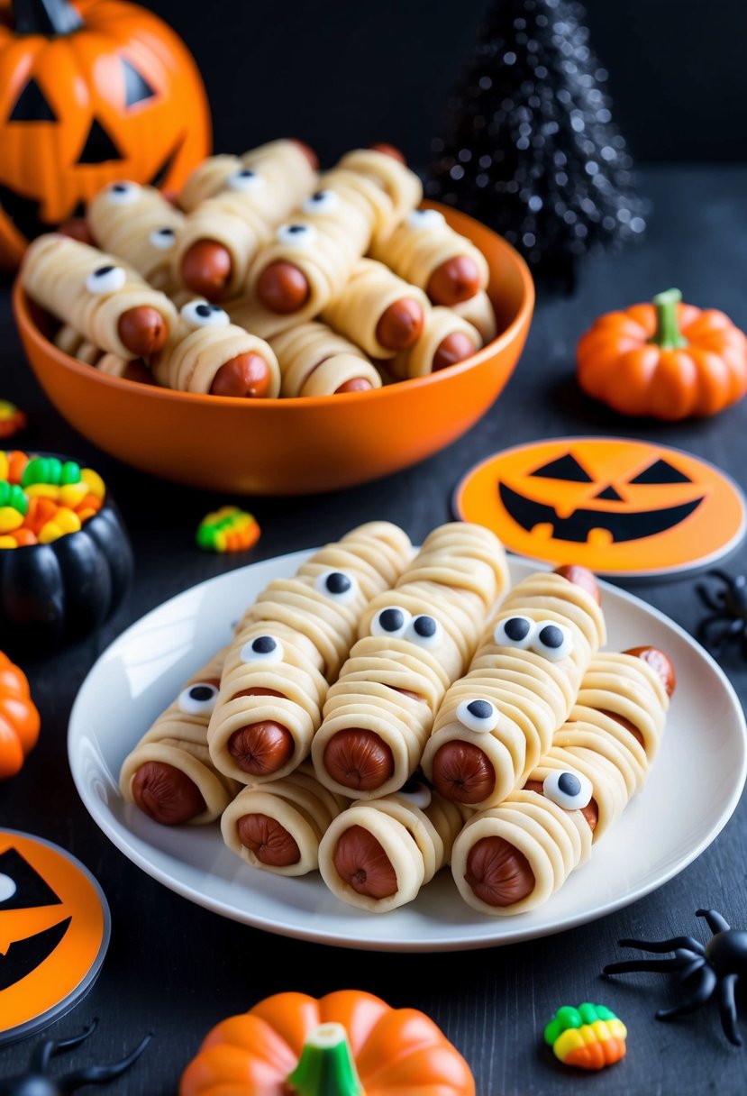 A table filled with mummy-style hot dogs, wrapped in dough with googly eyes, surrounded by Halloween decorations