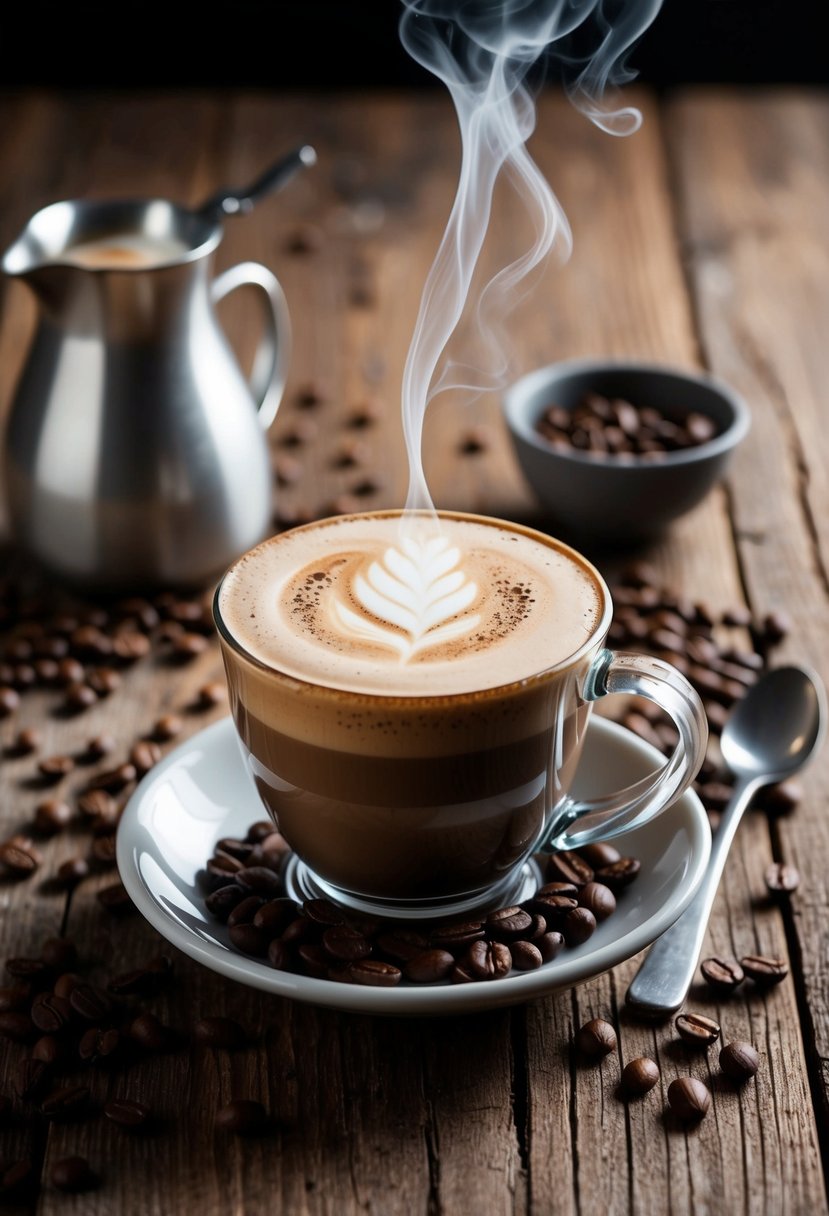 A steaming hazelnut mocha latte sits on a rustic wooden table, surrounded by scattered coffee beans and a frothy milk pitcher