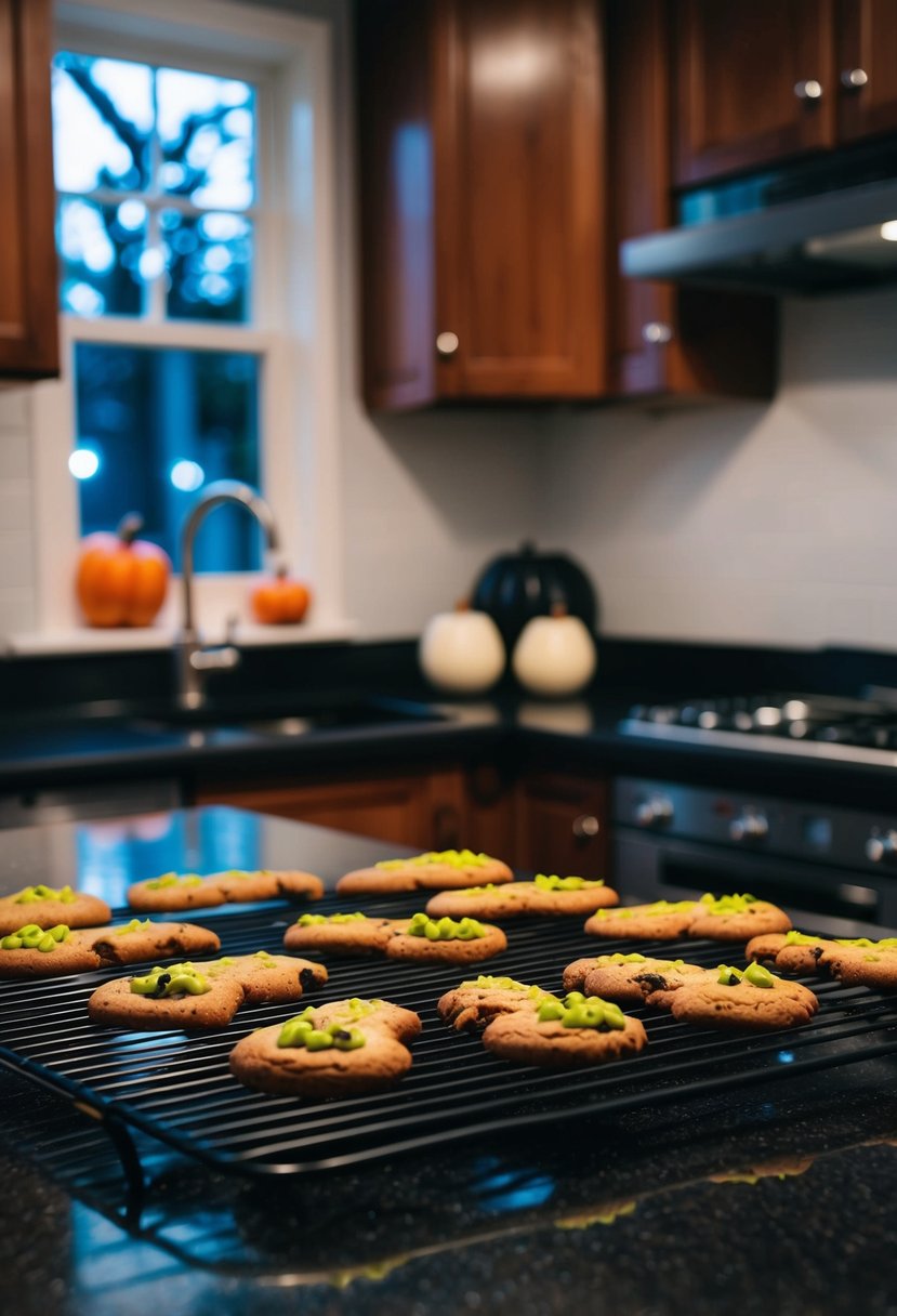 A spooky kitchen counter covered in freshly baked zombie finger cookies