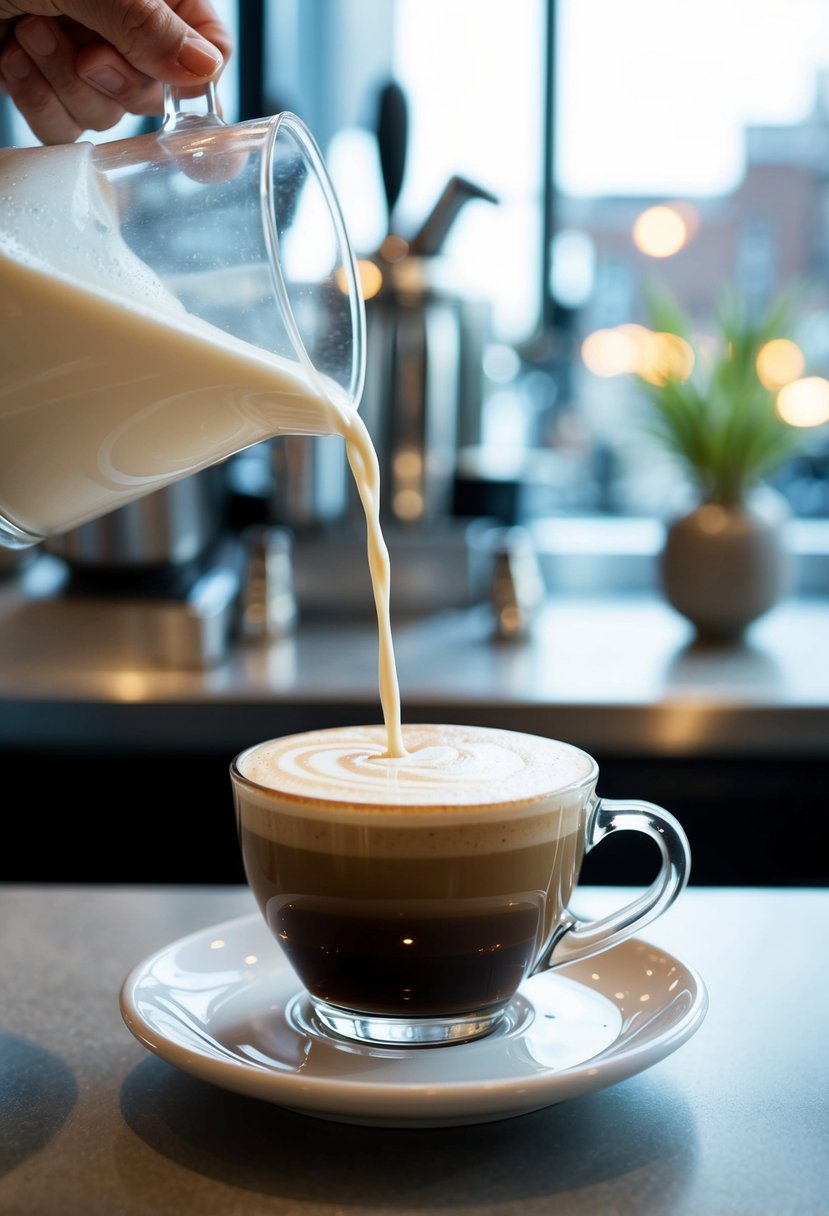 A barista pours steamed almond milk into a perfectly crafted flat white coffee, creating a creamy swirl on the surface