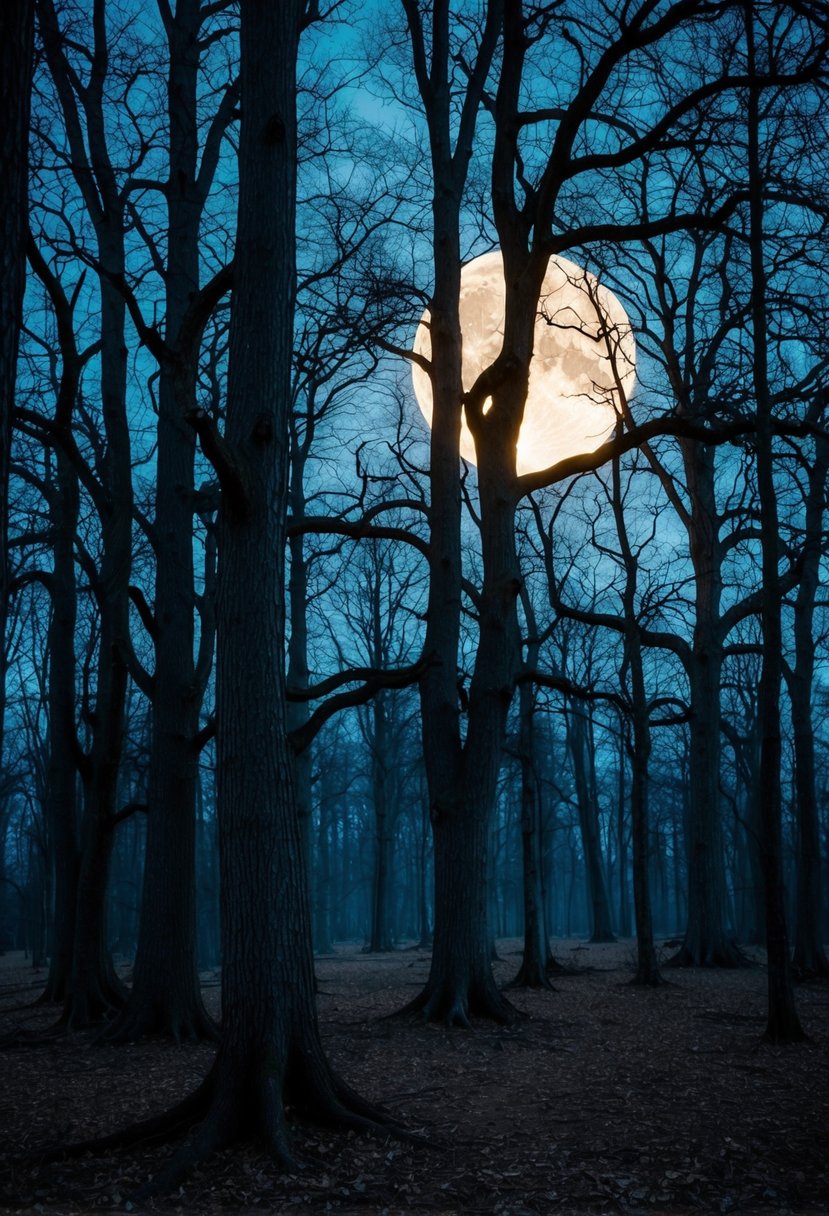 A spooky forest with gnarled trees and a full moon casting an eerie glow