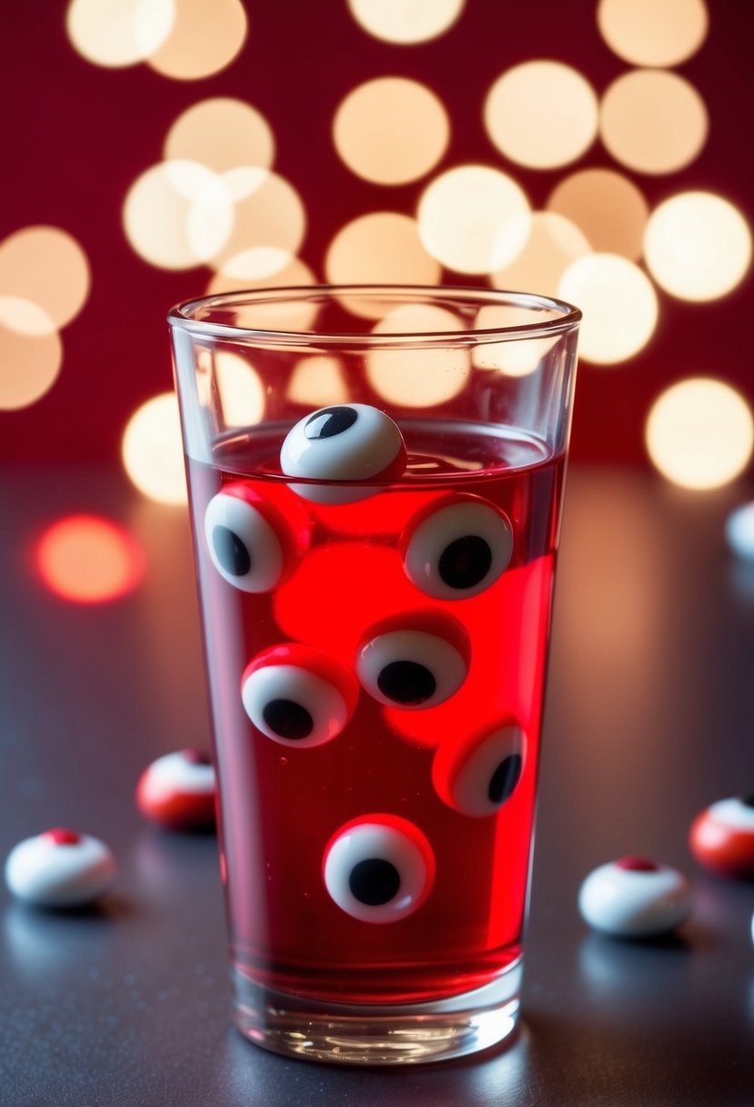 A glass filled with red liquid and floating eyeball-shaped candies