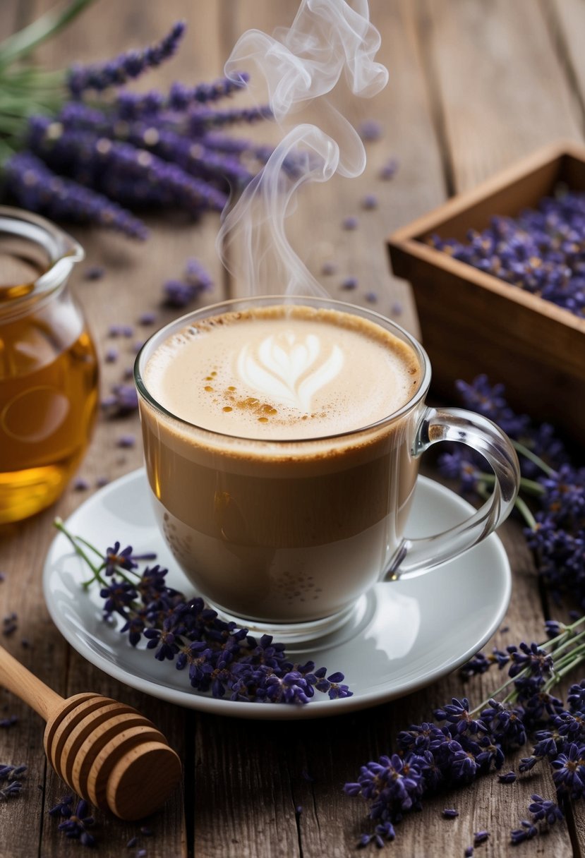 A steaming mug of honey lavender latte surrounded by fresh lavender blossoms on a rustic wooden table