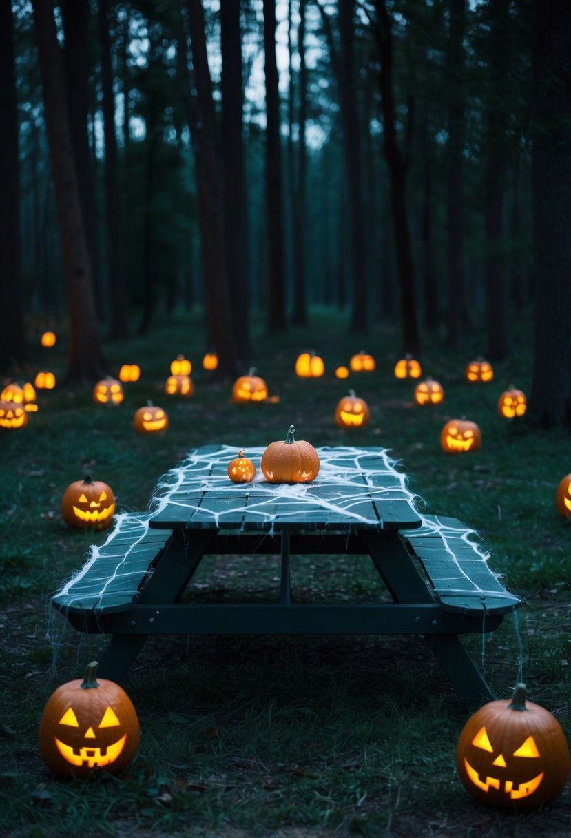 A dark, eerie forest clearing with a picnic table covered in spiderwebs, surrounded by glowing jack-o-lanterns and crawling with creepy-crawly insects