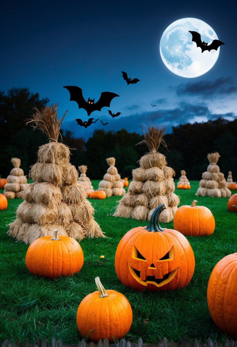 A spooky pumpkin patch with haystacks, bats, and a full moon