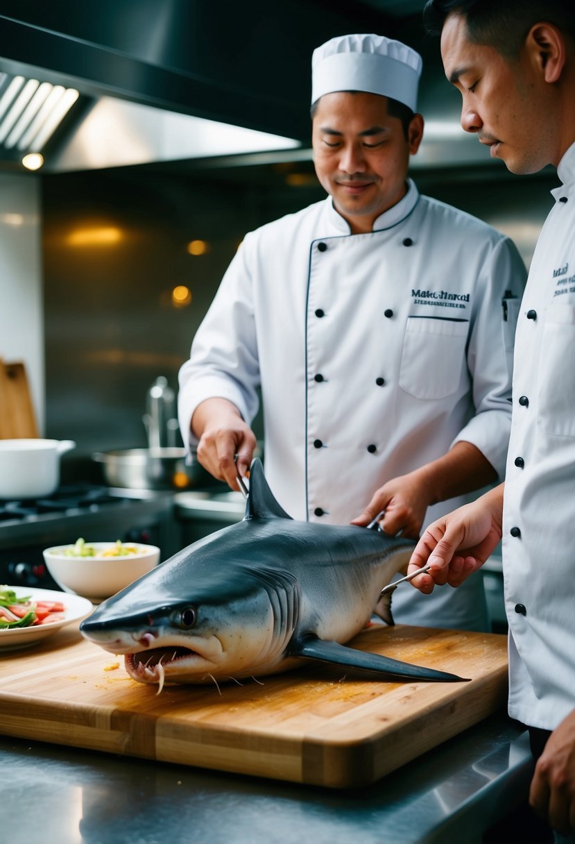 A mako shark being prepared and cooked in a kitchen by a chef