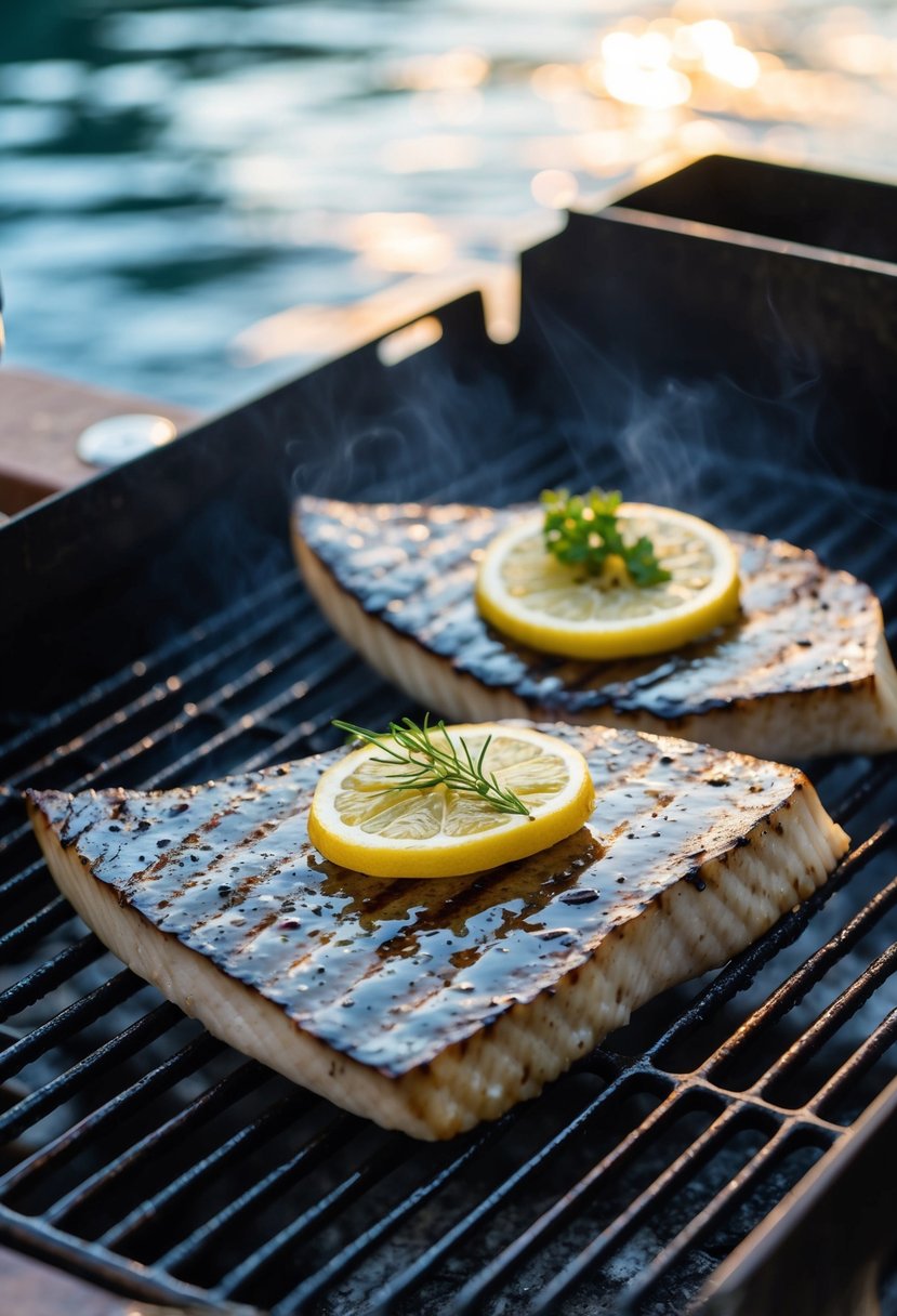 Two grilled mako shark steaks on a sizzling hot grill, with grill marks and a garnish of lemon and herbs