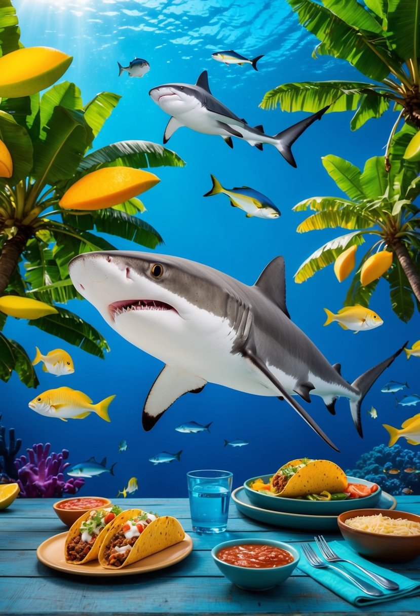 A vibrant ocean scene with a mako shark swimming among tropical fish, surrounded by colorful mango trees and a table set with tacos and salsa