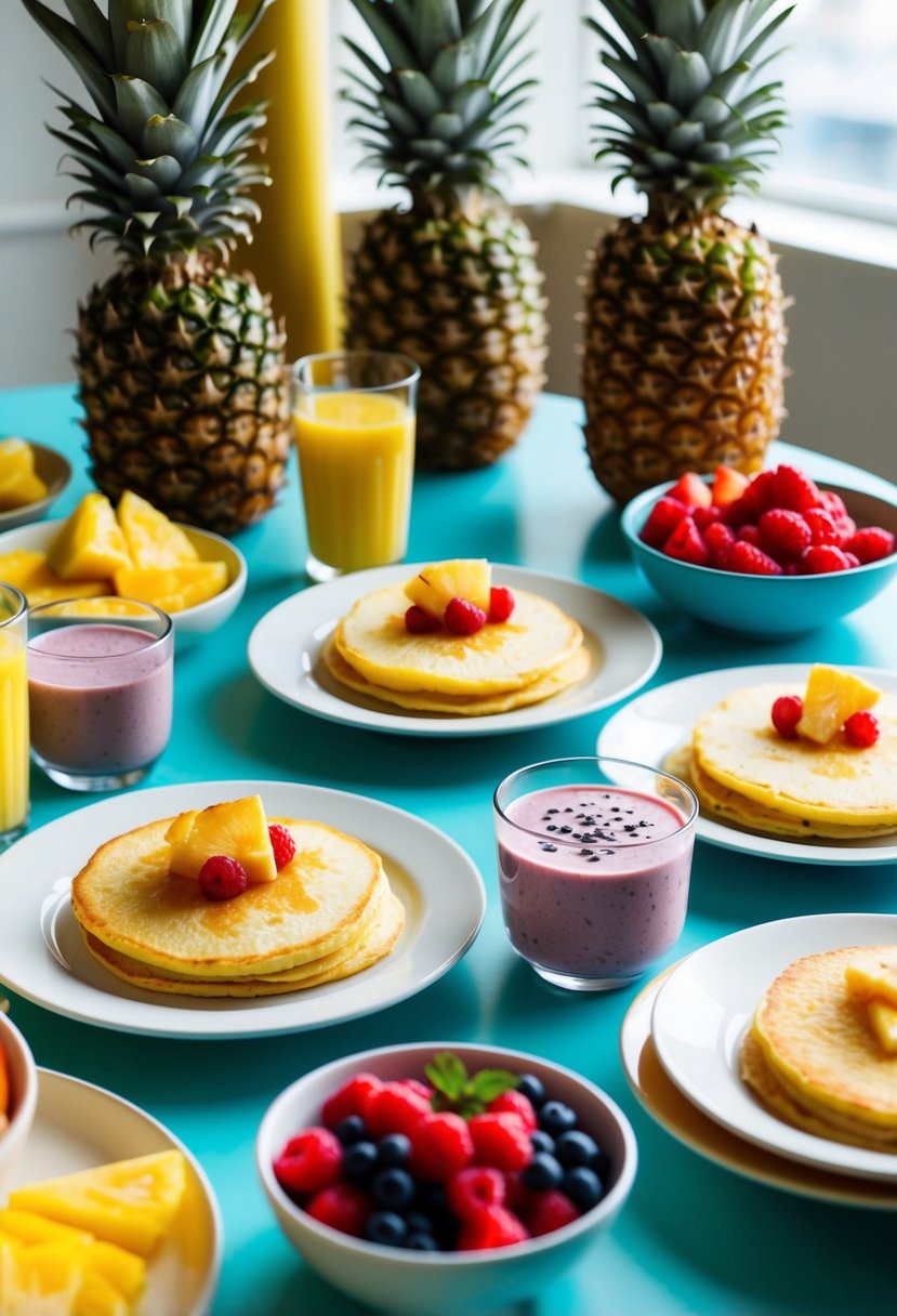 A vibrant breakfast table with a variety of pineapple dishes, including pineapple pancakes, smoothies, and fruit bowls