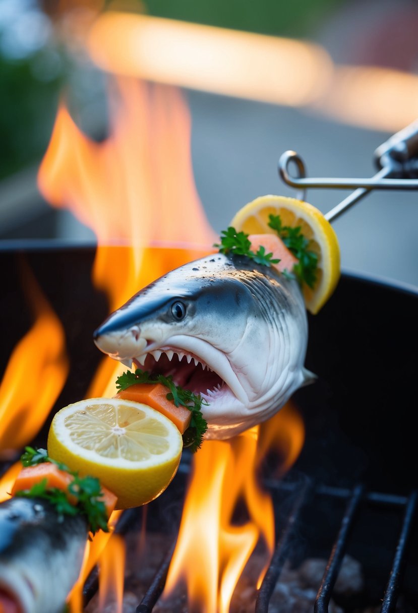 A mako shark skewer with lemon and herbs grilling over an open flame