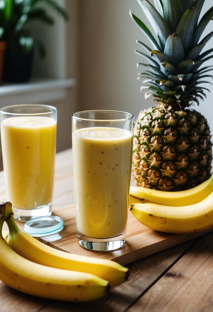 A glass of pineapple banana smoothie sits on a wooden table next to a sliced pineapple and a bunch of ripe bananas