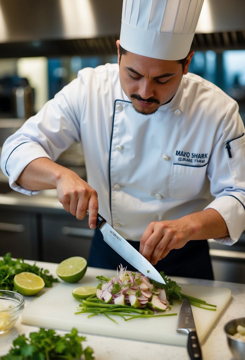 A chef preparing mako shark ceviche with fresh ingredients and a sharp knife on a clean cutting board