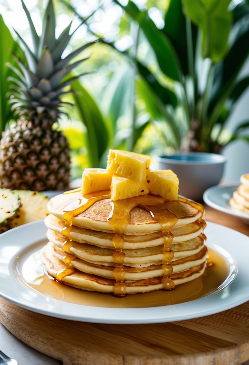 A plate of golden pancakes topped with fresh pineapple slices and drizzled with syrup, surrounded by tropical foliage and a sunny breakfast setting