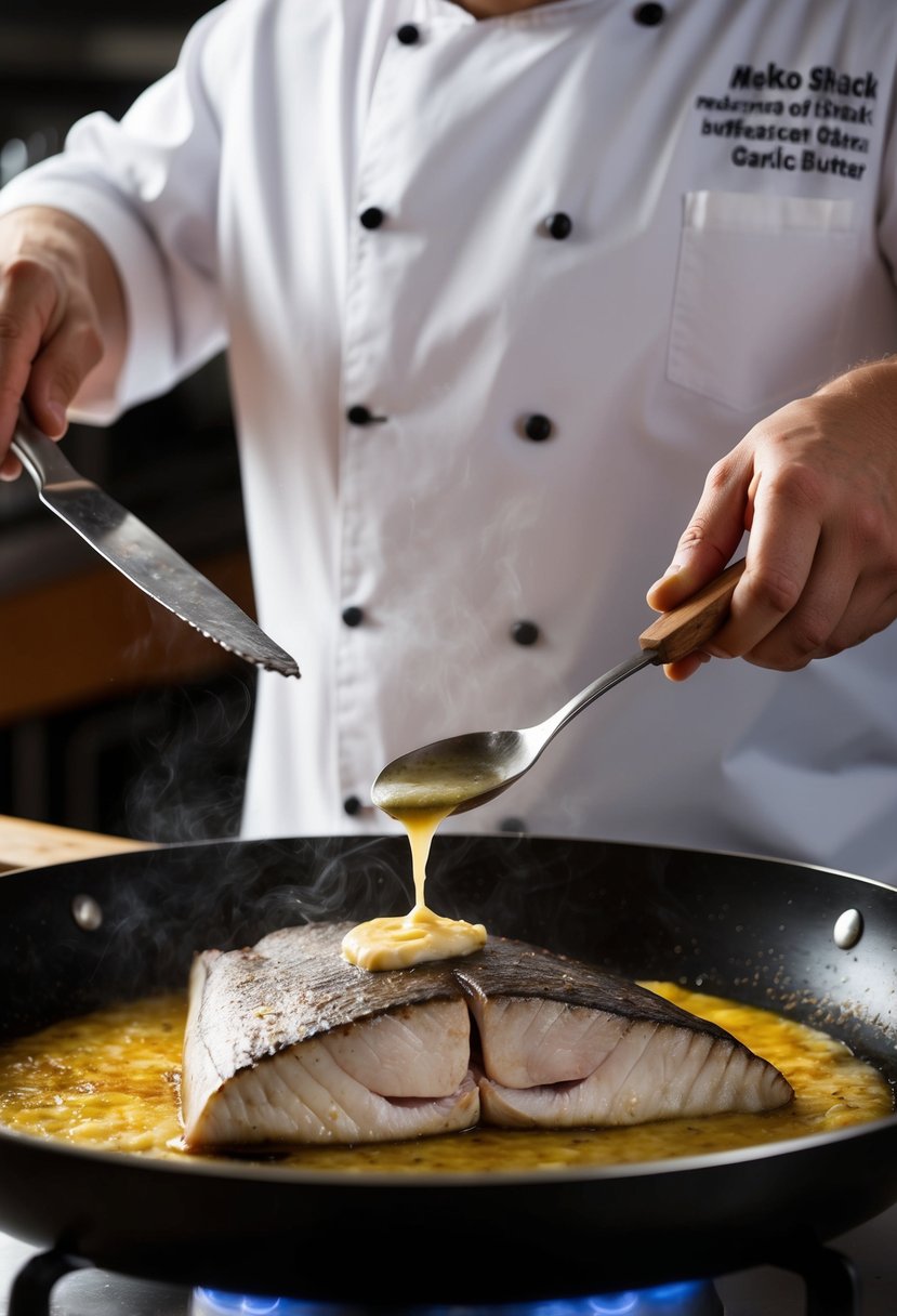 A chef searing a mako shark fillet in a sizzling pan, drizzling it with garlic butter