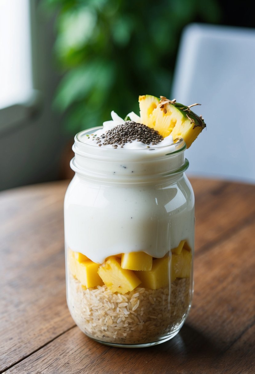 A glass jar filled with layered oats, yogurt, and pineapple chunks, topped with chia seeds and coconut flakes, sitting on a wooden table