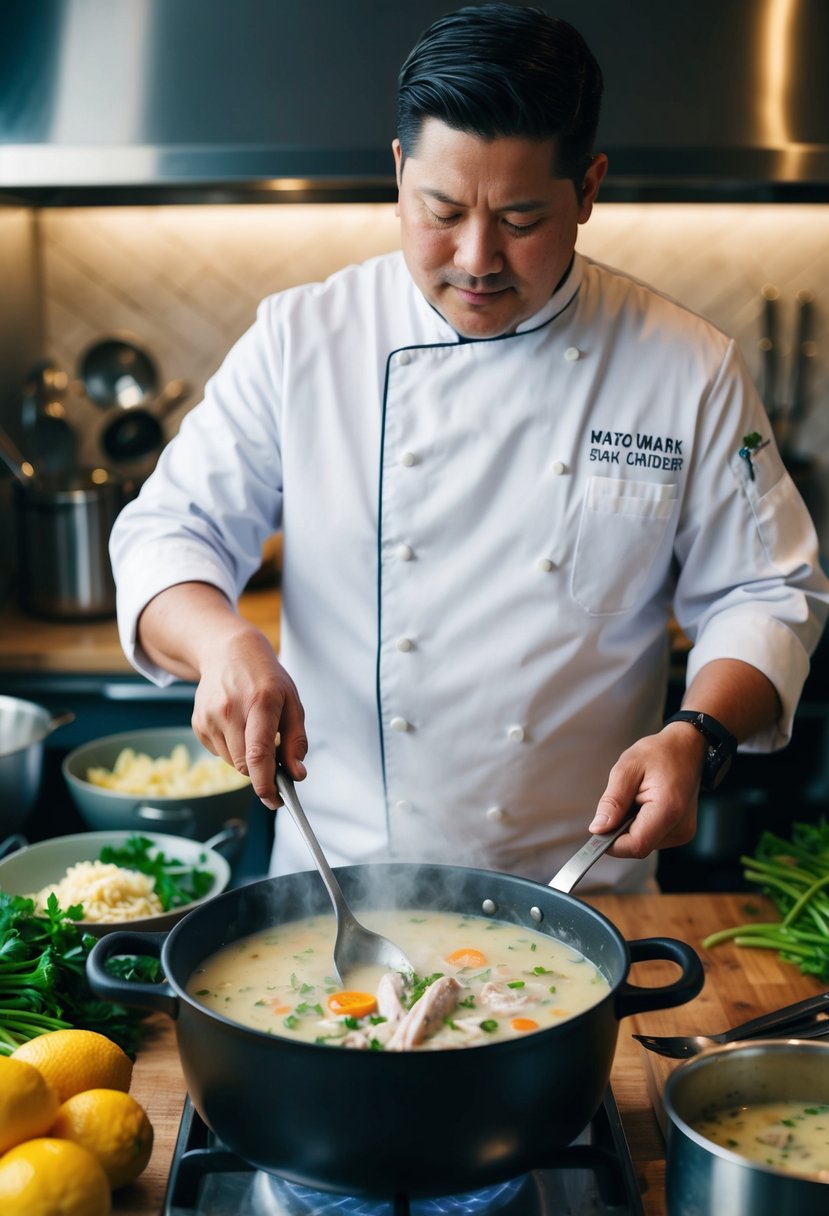 A chef prepares a steaming pot of Mako Shark Chowder, surrounded by fresh ingredients and cooking utensils