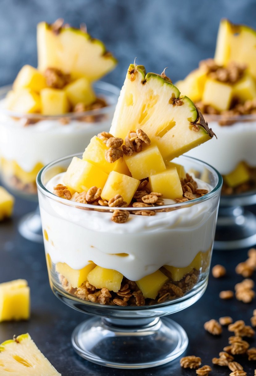 A glass parfait dish filled with layers of diced pineapple, creamy yogurt, and granola, topped with a slice of fresh pineapple