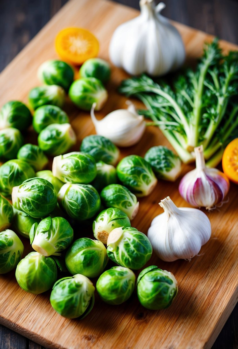 A colorful array of fresh brussel sprouts, garlic, and other gluten-free ingredients arranged on a wooden cutting board