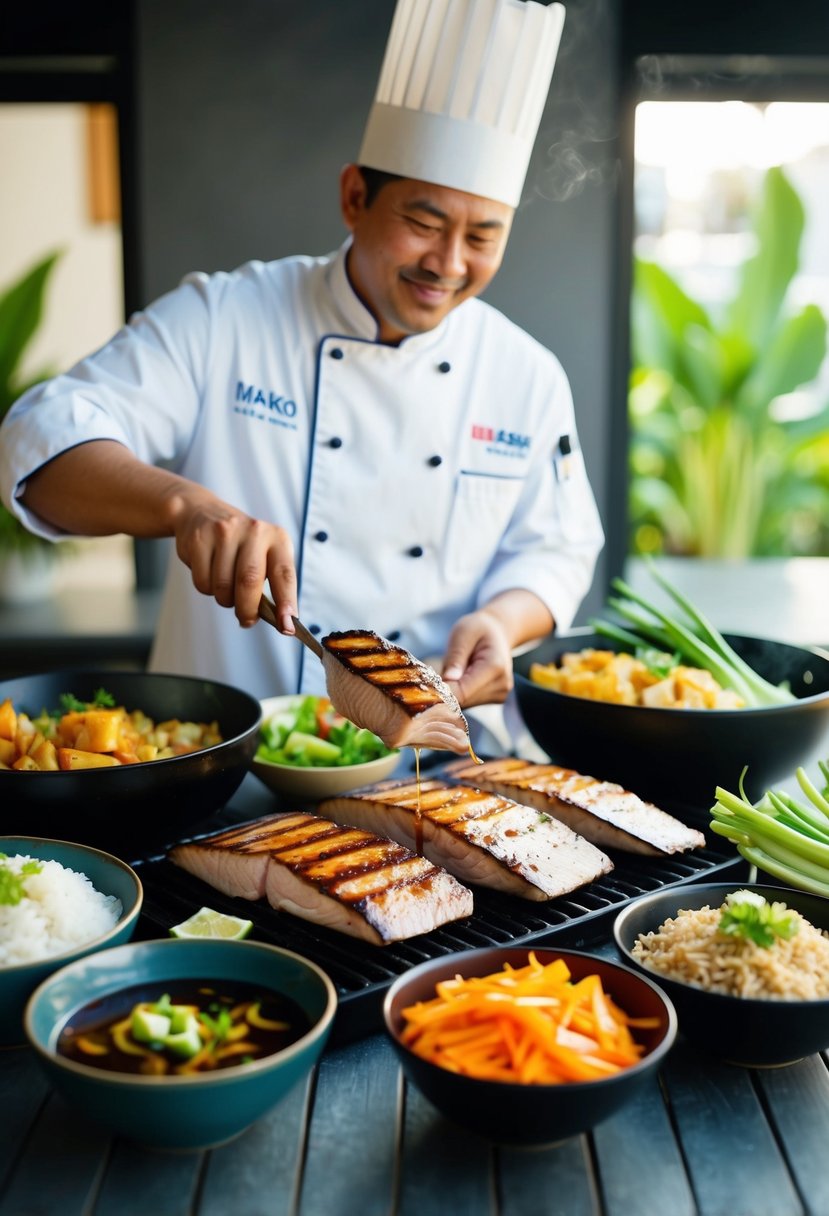 A chef grills mako shark fillets, surrounded by bowls of teriyaki sauce, fresh vegetables, and rice