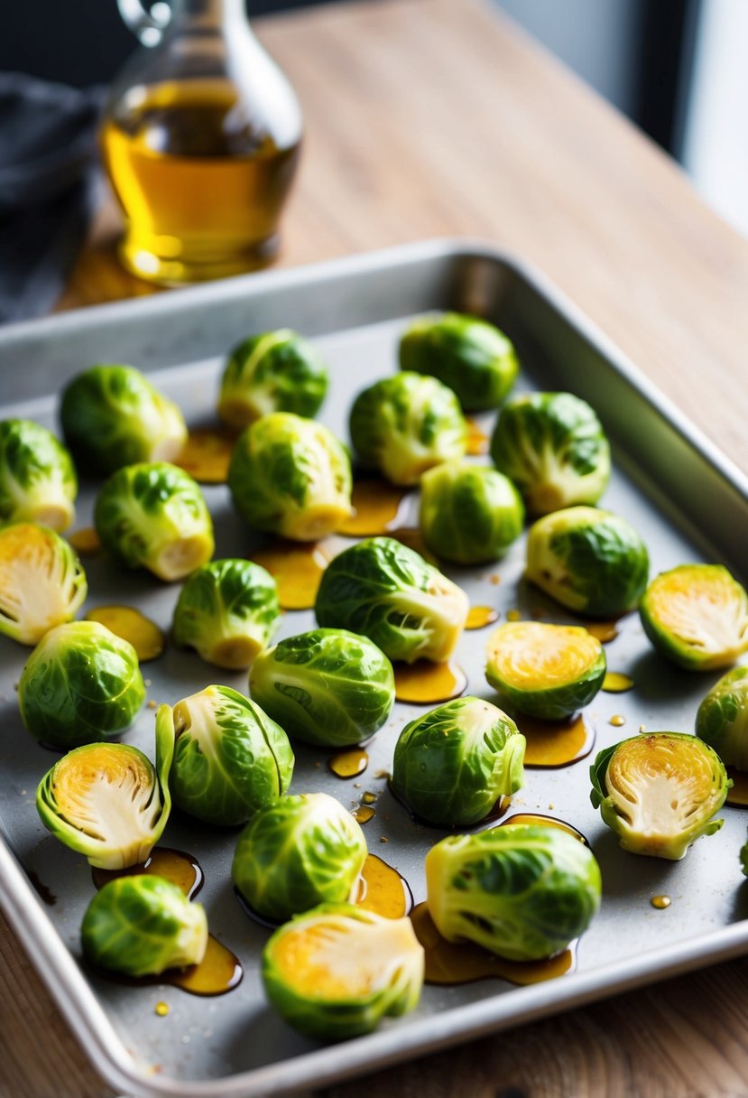 Fresh brussel sprouts on a baking sheet, drizzled with maple syrup and olive oil, ready for roasting