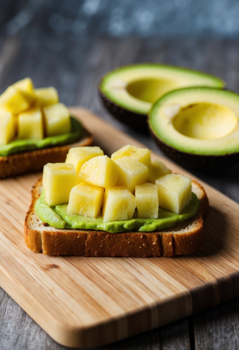 A slice of avocado toast topped with diced pineapple on a wooden cutting board