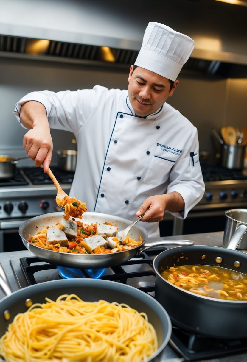 A chef in a bustling kitchen sautés chunks of mako shark with spicy ingredients, while a pot of pasta boils on the stove