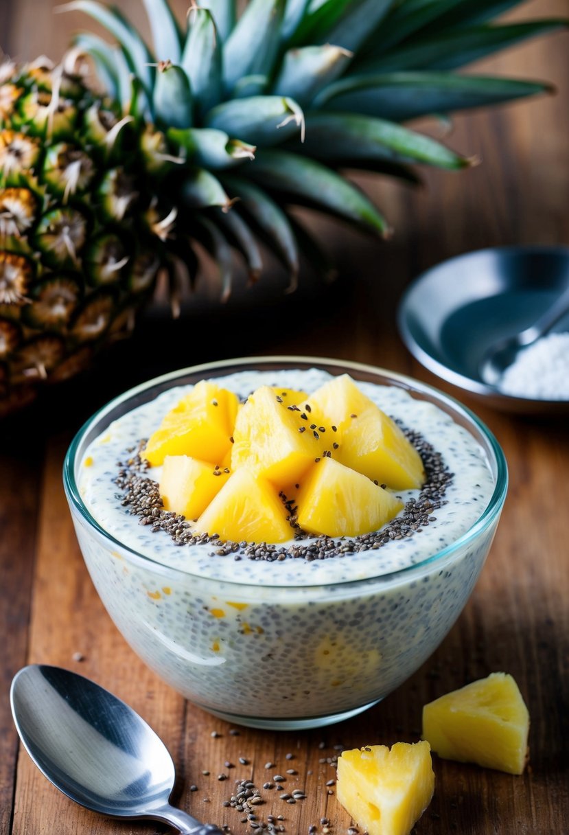 A bowl of pineapple chia seed pudding topped with fresh pineapple chunks and a sprinkle of chia seeds sits on a wooden table next to a spoon