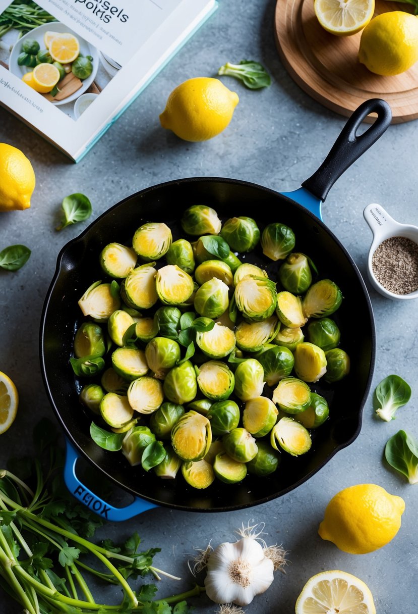 A sizzling skillet of lemon garlic Brussels sprouts, surrounded by fresh ingredients and a gluten-free recipe book