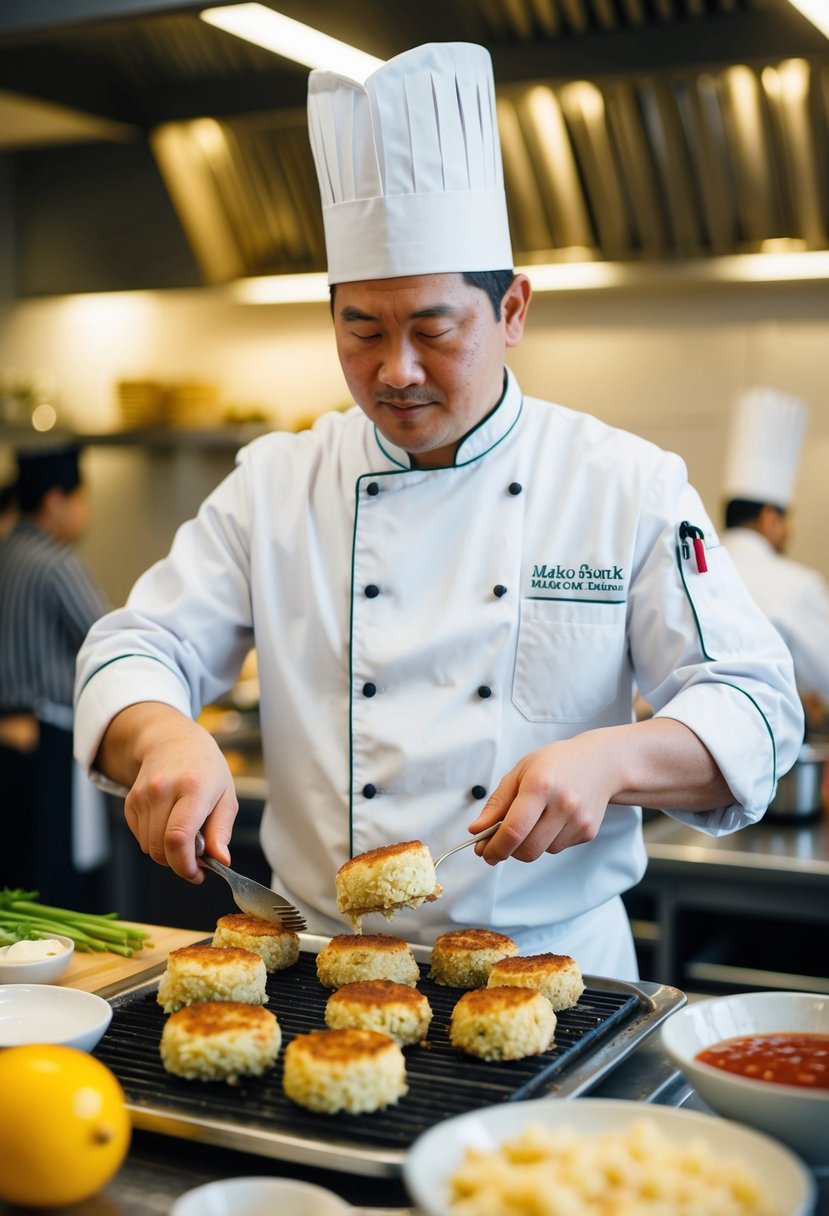 A chef preparing mako shark fish cakes in a bustling kitchen