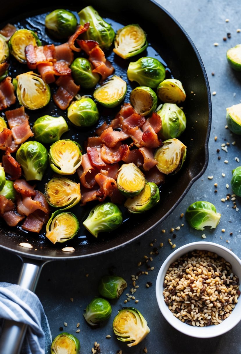 A skillet sizzling with balsamic-glazed bacon and roasted Brussels sprouts, surrounded by scattered ingredients