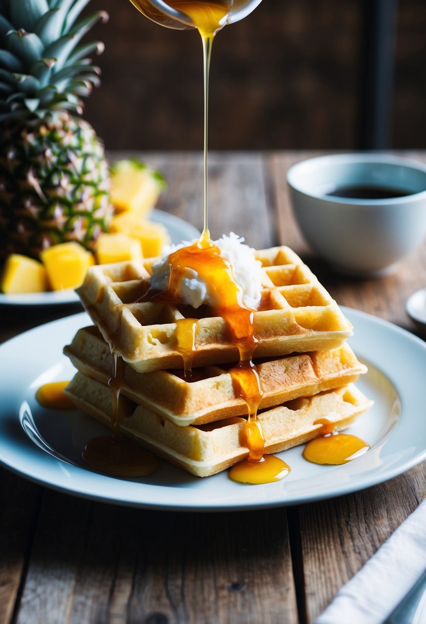 A plate of pineapple waffles drizzled with coconut syrup on a wooden breakfast table