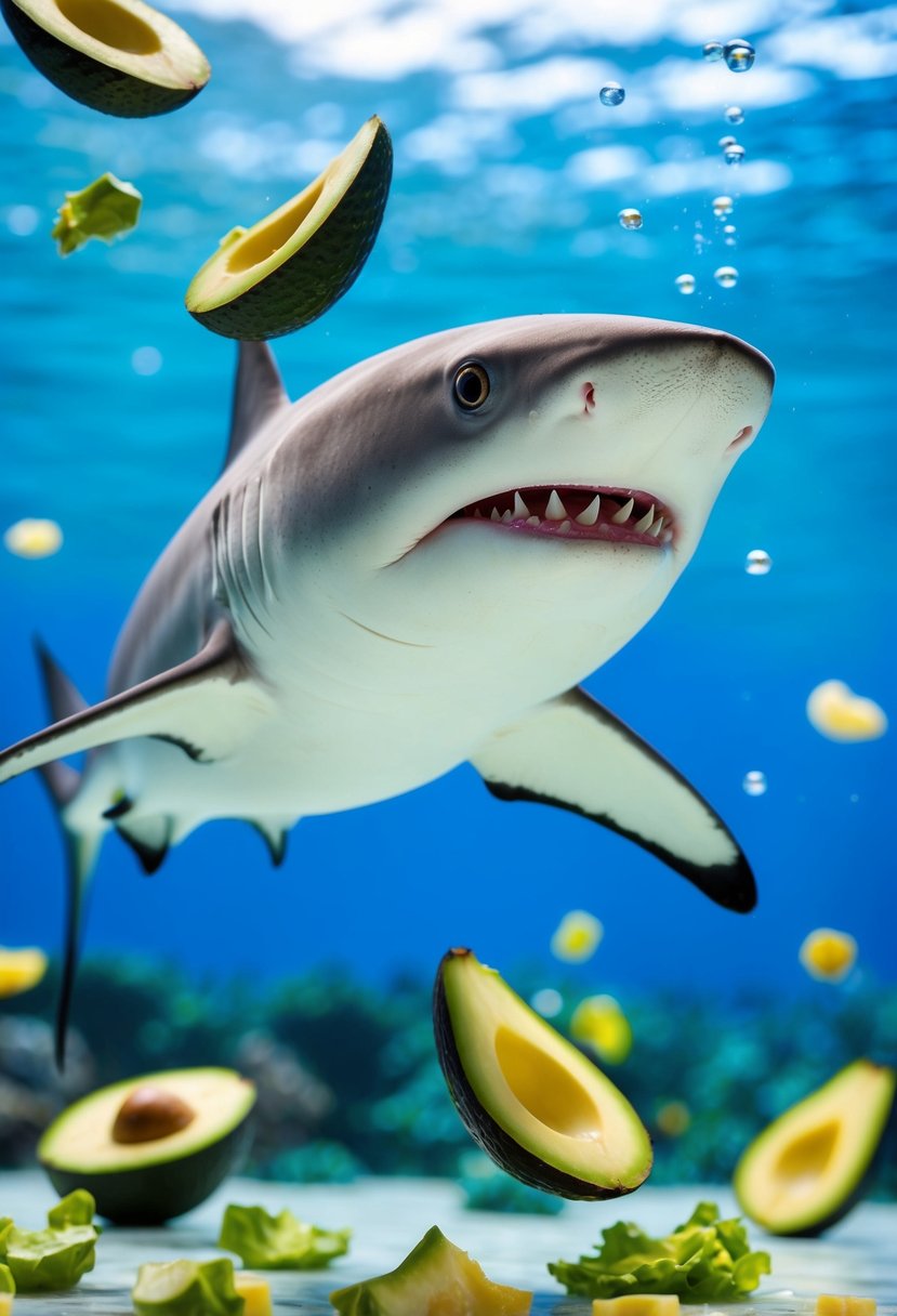 A mako shark swimming gracefully through a vibrant underwater scene, surrounded by colorful avocado salad ingredients floating in the water